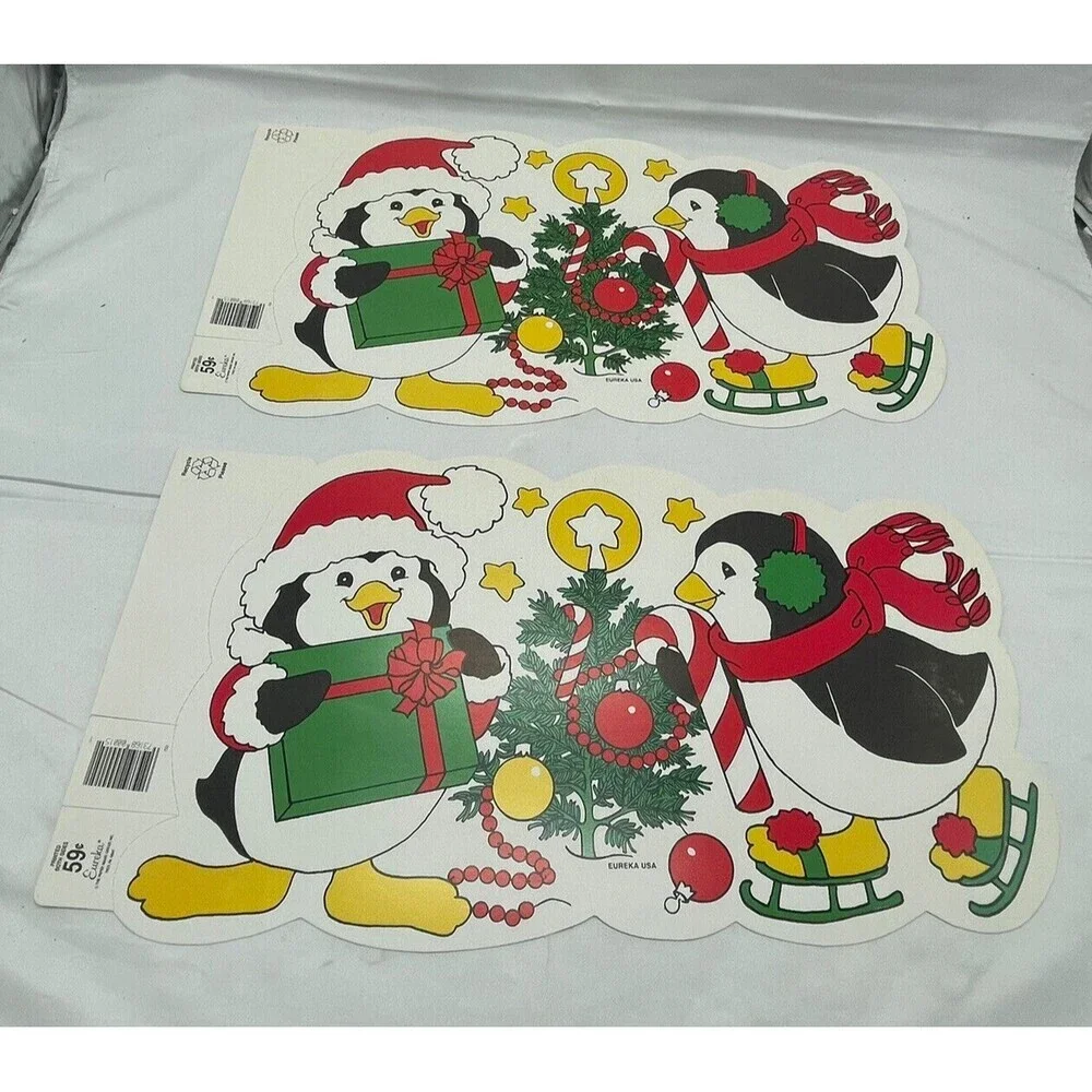 Vintage Eureka 2 Penguins Die Cut Christmas Decorations Double Sided 15” X 8”
